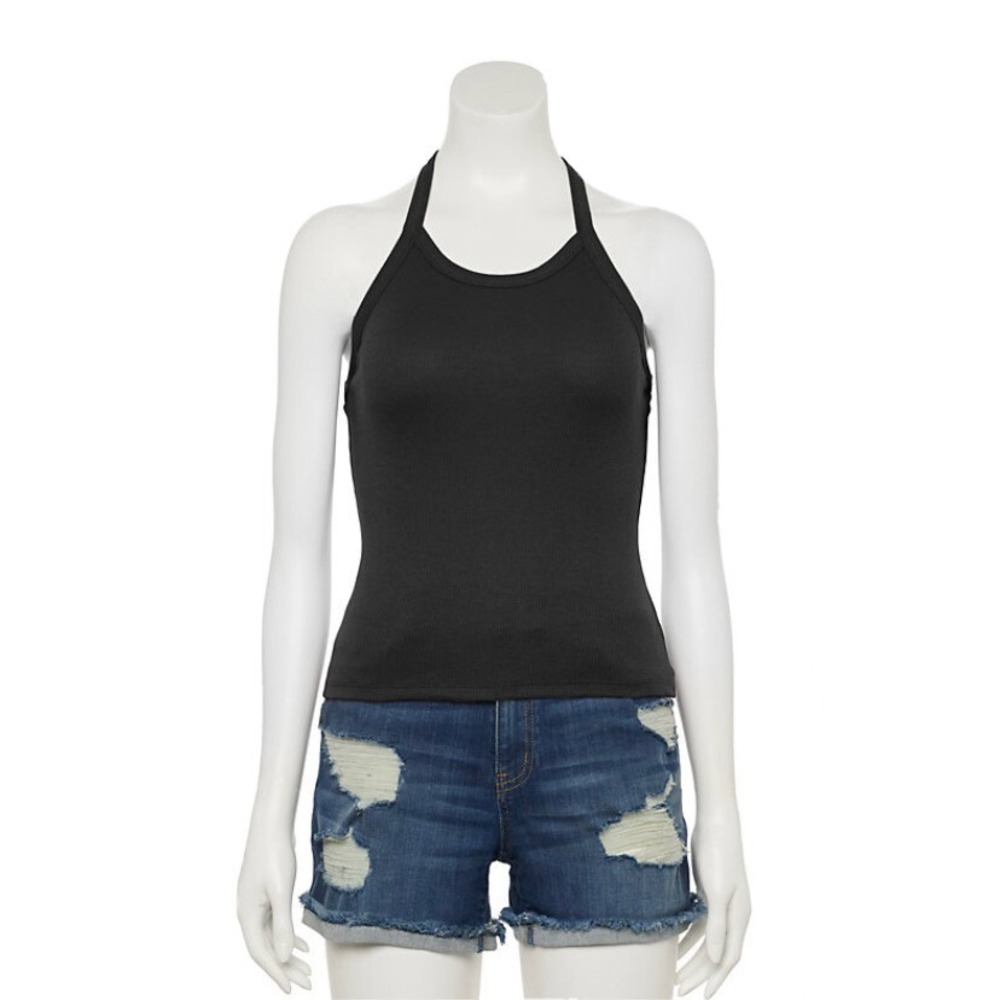 So Juniors High Neck Halter Top Black New with Tags XL Ribbed Classic Basic Cute